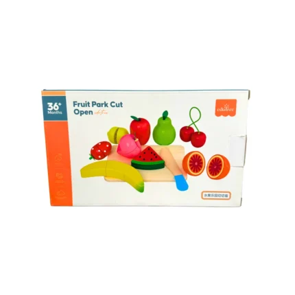 Juego de madera para cortar frutas y verduras con cuchillo y tabla, ideal para desarrollar motricidad fina, coordinación bilateral y juego simbólico en niños desde 3 años
