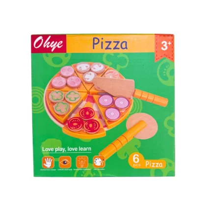 Juego de pizza de madera con piezas para cortar, ingredientes y espátula, ideal para desarrollar motricidad fina, juego simbólico y lenguaje en niños desde 3 años