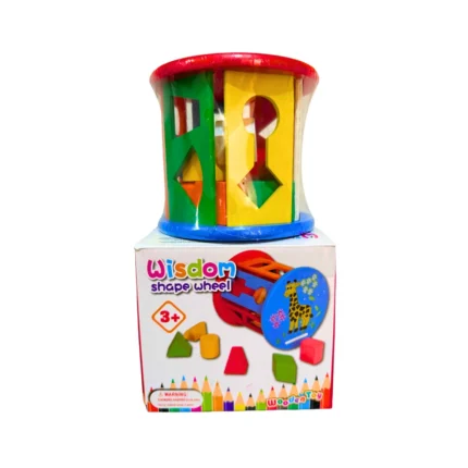 Cilindro didáctico de encaje con formas geométricas y rueda giratoria, ideal para desarrollar discriminación visual y motricidad fina en niños desde 3 años