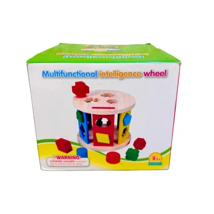 Cilindro de madera multifuncional con rueda giratoria y piezas de formas para encajar, ideal para desarrollar motricidad fina, discriminación visual y atención en niños desde 3 años