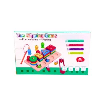 Juego didáctico de madera estilo Montessori con tablero, pinzas, piezas para clasificar y caña de pescar, ideal para desarrollar motricidad fina, coordinación y percepción visual en niños desde 3 años