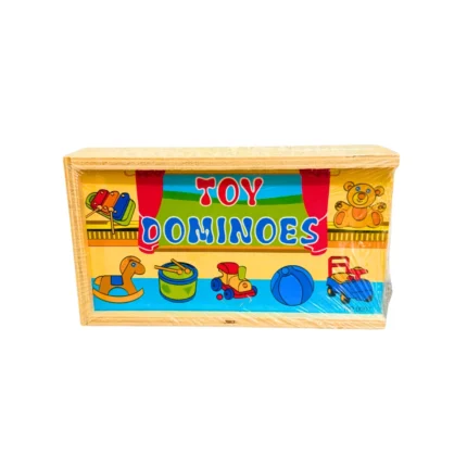 Juego de dominó de madera con ilustraciones de juguetes y objetos, ideal para desarrollar atención, memoria visual y lenguaje en niños con TEA o trastornos del lenguaje