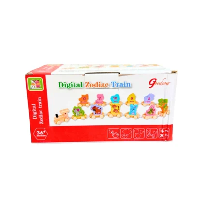 Tren de juguete de madera con vagones numerados y animales del zodiaco chino, ideal para desarrollar lenguaje, secuenciación y juego simbólico en niños desde 3 años