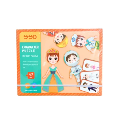 Rompecabezas de madera con personajes y piezas de ropa para encastrar, ideal para desarrollar motricidad fina, vocabulario y juego simbólico en niños