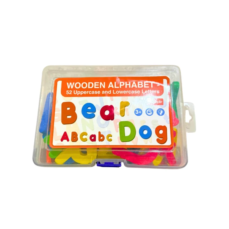 Set de 52 letras de madera del abecedario en mayúsculas y minúsculas, ideal para desarrollar conciencia fonológica, lectoescritura y motricidad fina en niños