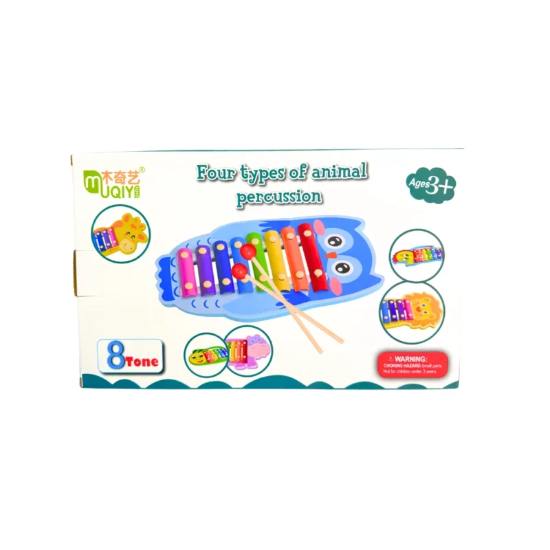 Xilófono de percusión para niños con baquetas y cuatro figuras de animales, ideal para estimular discriminación auditiva, coordinación y creatividad musical en niños desde 3 años