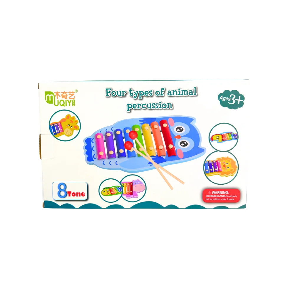 xilofono-de-percusion-de-juguete-para-niños Xilófono de percusión para niños con baquetas y cuatro figuras de animales, ideal para estimular discriminación auditiva, coordinación y creatividad musical en niños desde 3 años